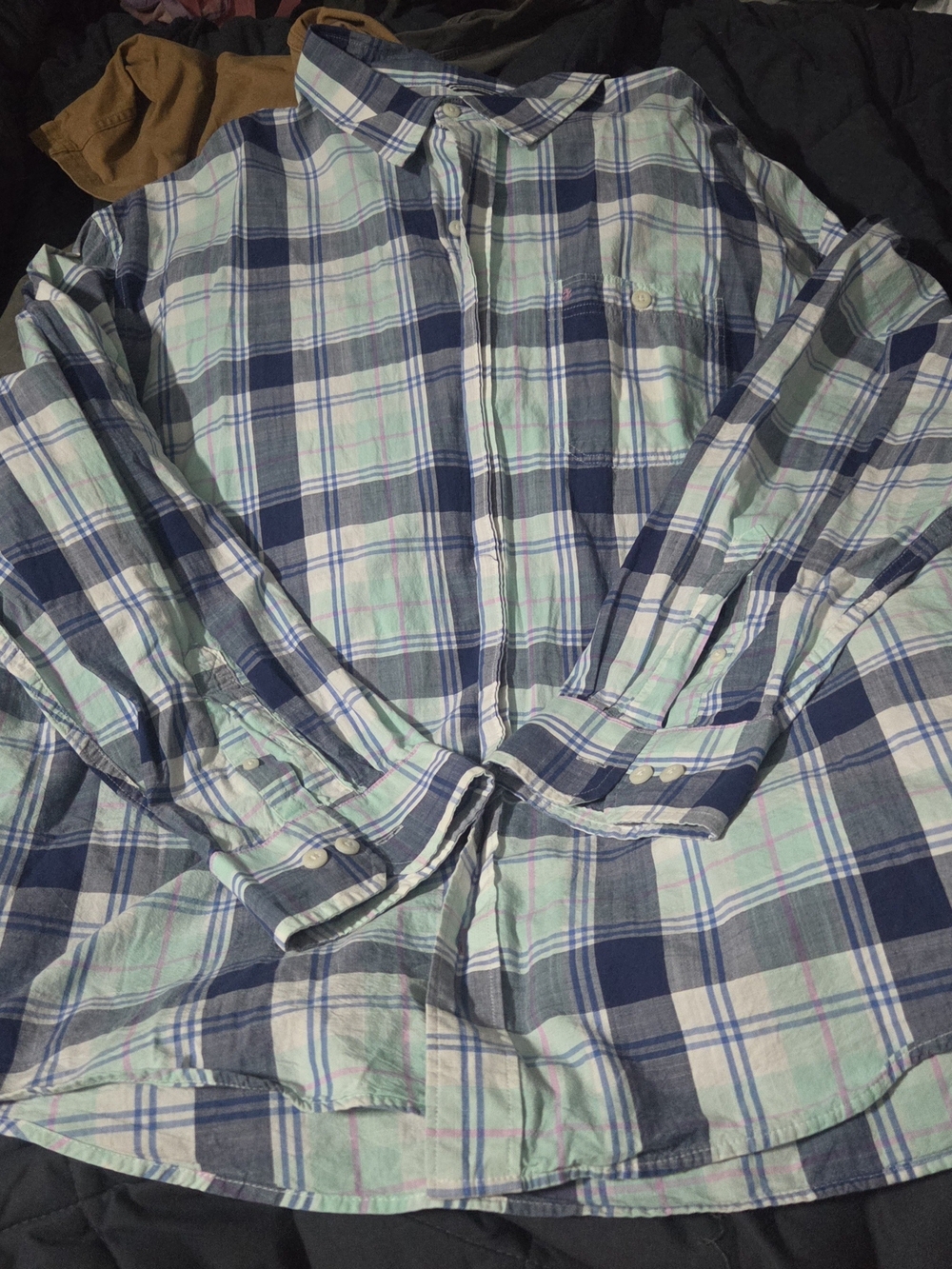 Izod Plaid Button-Down Shirt in Navy and Light Green